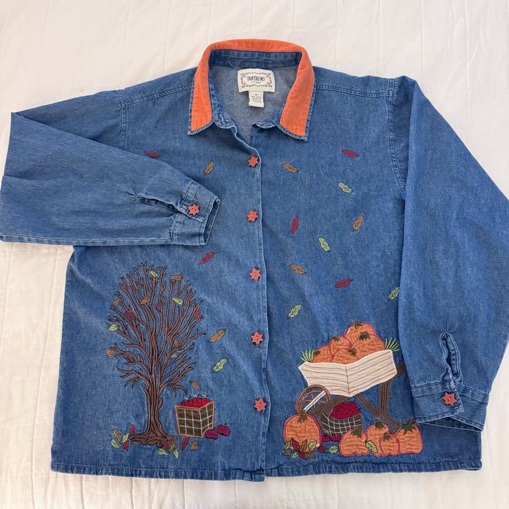 Vintage Tantrums Denim Fall Shirt Jacket XL Halloween Pumpkins Embroidered